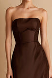Strapless Coffee Satin Sheath Maxi Evening Dress