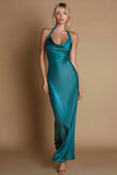 Halter Sheath Peacock Satin Maxi Evening Dress