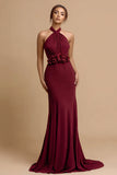 Burgundy Halter Mermaid Maxi Evening Dress With 3D Flowers
