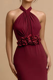 Burgundy Halter Mermaid Maxi Evening Dress With 3D Flowers