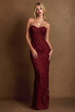Burgundy Strapless Lace Sheath Maxi Evening Dress