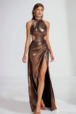 Metallic Coffee Halter Cut Out Sheath Maxi Evening Dress With Slit
