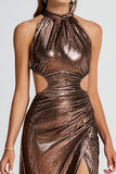 Metallic Coffee Halter Cut Out Sheath Maxi Evening Dress With Slit