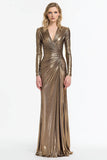 Grey Gold Metallic Pleated Sheath Long Sleeves Maxi Gala Dress