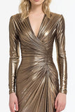 Grey Gold Metallic Pleated Sheath Long Sleeves Maxi Gala Dress