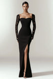 Mermaid Lace Long Sleeves Black Tie Dress With Slit