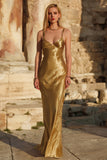 Simple Gold Sheath Spaghetti Straps Maxi Formal Dress