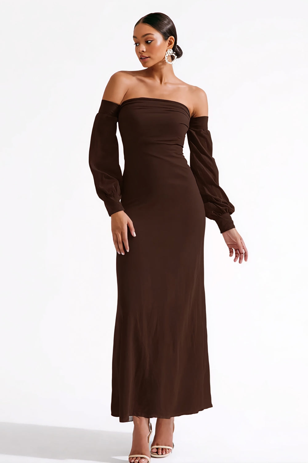 Berylove Women Dark Brown Satin Formal Dress Sheath Off The Shoulder Maxi Evening Dress, Dark Brown / US20W Berylove Women Dark Brown Satin Formal Dress Sheath Off The Shoulder Maxi Evening Dress, Dark Brown / US20W