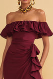 Burgundy Off The Shoulder Ruffled Sheath Maxi Evening Dress With Slit