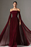 Off The Shoulder Burgundy Pleated A-Line Maxi Evening Dress With Cape