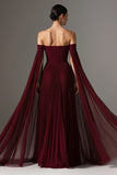 Off The Shoulder Burgundy Pleated A-Line Maxi Evening Dress With Cape