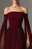 Off The Shoulder Burgundy Pleated A-Line Maxi Evening Dress With Cape