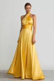 Yellow Halter Satin A-Line Maxi Evening Dress
