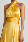 Yellow Halter Satin A-Line Maxi Evening Dress