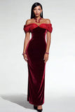 Burgundy Velvet Sheath Off The Shoulder Maxi Holiday Dress