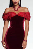 Burgundy Velvet Sheath Off The Shoulder Maxi Holiday Dress