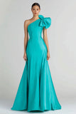 One Shoulder Mermaid Jade Blue Maxi Evening Dress With Bow