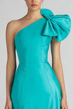 One Shoulder Mermaid Jade Blue Maxi Evening Dress With Bow