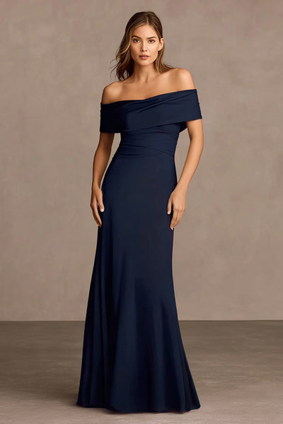 Berylove Women Navy Long Formal Dress Off The Shoulder Satin Sheath