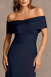 Navy Sheath Off The Shoulder Long Formal Dress