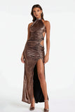 Coffee Halter Sheath Cut Out Party Dress With Slit