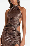 Coffee Halter Sheath Cut Out Party Dress With Slit