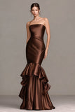 Strapless Mermaid Coffee Maxi Evening Dress With Ruffles