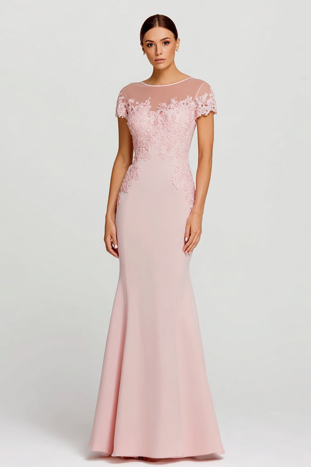 Berylove Women Pink Maxi Dress With Lace Appliques Mermaid Boat Neck Wedding Guest Dress With Short Sleeves, Pink / US12 Berylove Women Pink Maxi Dress With Lace Appliques Mermaid Boat Neck Wedding Guest Dress With Short Sleeves, Pink / US12