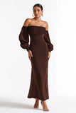 Coffee Off The Shoulder Ruched Sheath Maxi Formal Dress