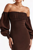 Coffee Off The Shoulder Ruched Sheath Maxi Formal Dress