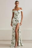 Off The Shoulder Green Floral Mermaid Prom Dress With Slit