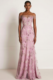 Off The Shoulder Pink Flower Appliqued Mermaid Prom Dress