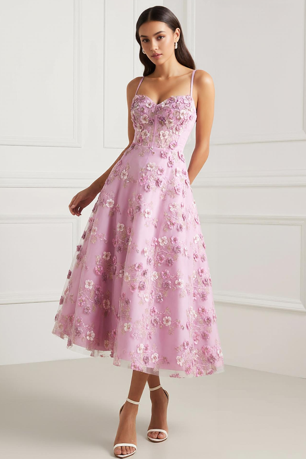 Berylove Women Pink Floral Prom Dress A-Line Appliqued Spaghetti Straps Tea-Length Party Dress, Pink / US4 Berylove Women Pink Floral Prom Dress A-Line Appliqued Spaghetti Straps Tea-Length Party Dress, Pink / US4