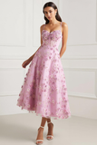 Pink Floral A-Line Appliqued Spaghetti Straps Midi Prom Dress