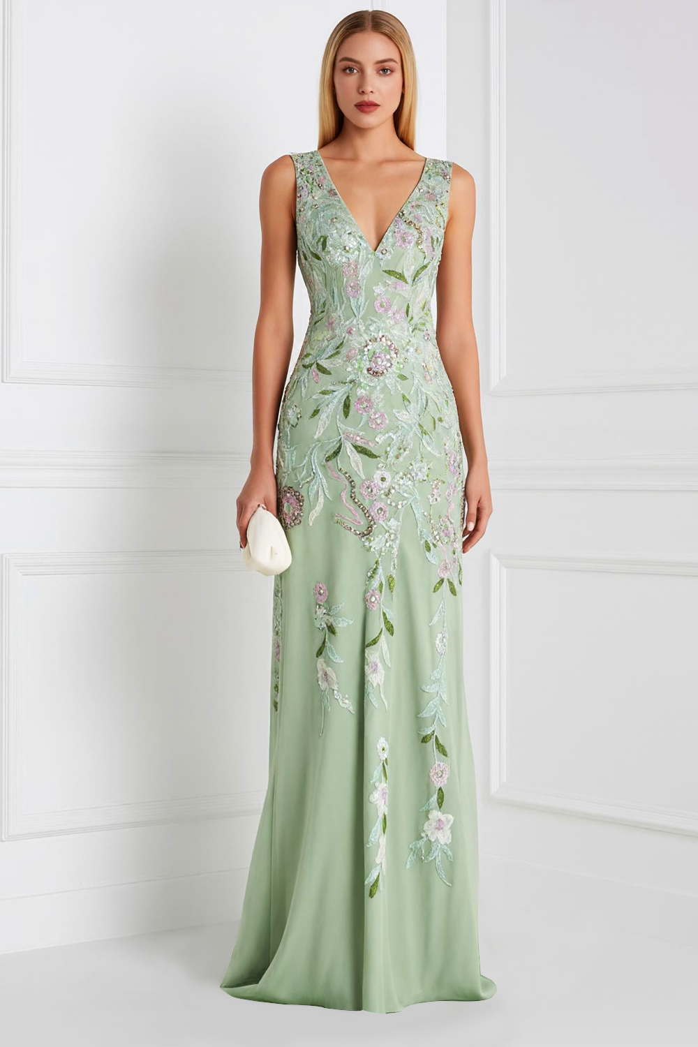Berylove Women Green Floral Prom Dress Sheath V-Neck Maxi Formal Dress with Appliques, Light Green / US16 Berylove Women Green Floral Prom Dress Sheath V-Neck Maxi Formal Dress with Appliques, Light Green / US16