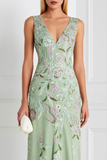 Light Green Floral Sheath V-Neck Prom Dress with Appliques