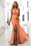 Orange Off The Shoulder Appliqued Mermaid Prom Dress With Slit
