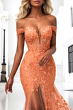 Orange Off The Shoulder Appliqued Mermaid Prom Dress With Slit
