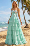 Pink Tiered Strapless Corset Sequin Maxi Prom Dress