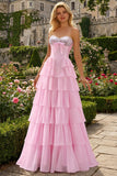 Pink Tiered Strapless Corset Sequin Maxi Prom Dress