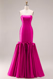 Elegant Fuchsia Satin 3D Flower Strapless Maxi Prom Dress
