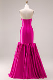 Elegant Fuchsia Satin 3D Flower Strapless Maxi Prom Dress