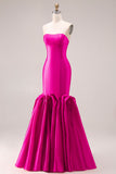 Elegant Fuchsia Satin 3D Flower Strapless Maxi Prom Dress
