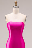 Elegant Fuchsia Satin 3D Flower Strapless Maxi Prom Dress