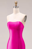 Elegant Fuchsia Satin 3D Flower Strapless Maxi Prom Dress