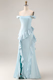 Off the Shoulder A Line Sea Glass Bridesmaid Dress with Ruffles