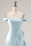 Off the Shoulder A Line Sea Glass Bridesmaid Dress with Ruffles