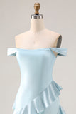 Off the Shoulder A Line Sea Glass Bridesmaid Dress with Ruffles