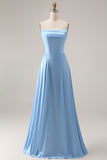 Blue A Line Strapless Satin Bridesmaid Dress