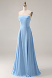 Blue A Line Strapless Satin Bridesmaid Dress